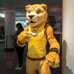 Gul Smilodon maskot kostym...