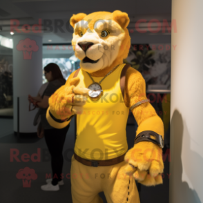 Yellow Smilodon mascot costume character dressed with a Tank Top and Bracelet watches