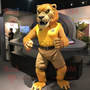 Yellow Smilodon mascot costume character dressed with a Tank Top and Bracelet watches