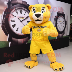 Yellow Smilodon mascot costume character dressed with a Tank Top and Bracelet watches