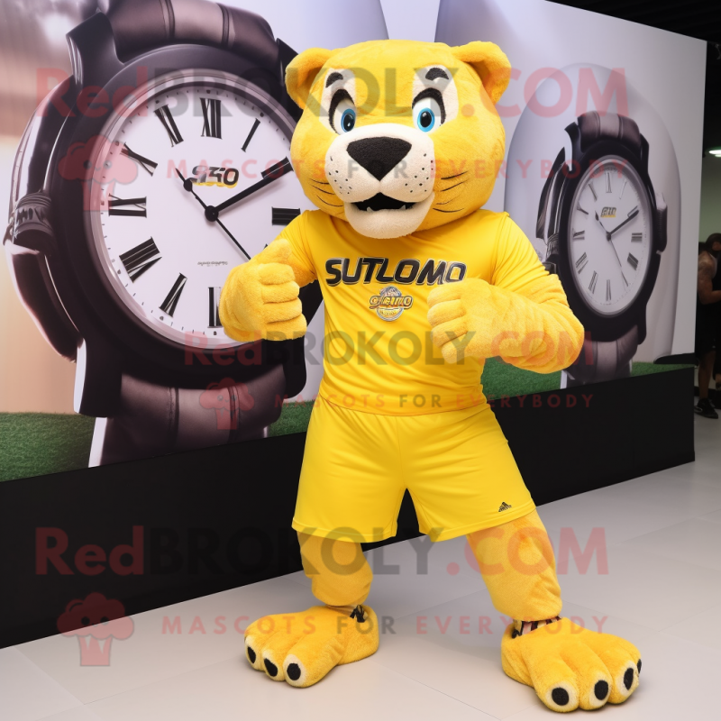 Yellow Smilodon mascot costume character dressed with a Tank Top and Bracelet watches Yellow Smilodon mascot costume character dressed with a Tank Top and Bracelet watches