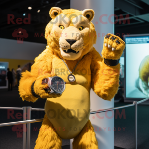 Yellow Smilodon mascot costume character dressed with a Tank Top and Bracelet watches