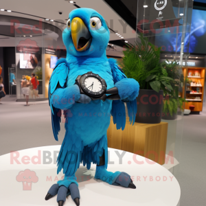 Sky Blue Macaw mascot costume character dressed with a Rash Guard and Smartwatches