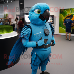 Sky Blue Macaw mascot costume character dressed with a Rash Guard and Smartwatches