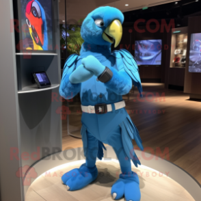 Sky Blue Macaw mascot costume character dressed with a Rash Guard and Smartwatches