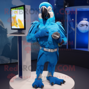 Sky Blue Macaw mascot costume character dressed with a Rash Guard and Smartwatches