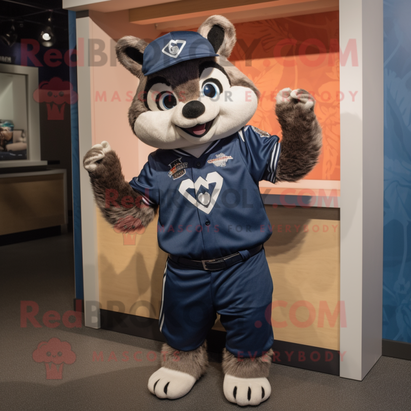 Navy Raccoon mascot costume character dressed with a V-Neck Tee and Caps