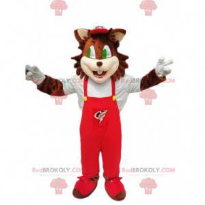 Brun kat maskot med rød overall - Redbrokoly.com