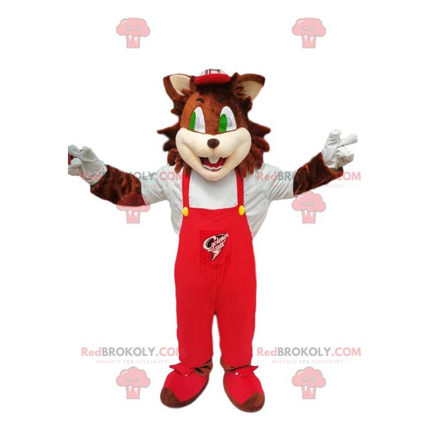 Brązowy kot maskotka z czerwonym kombinezonem - Redbrokoly.com