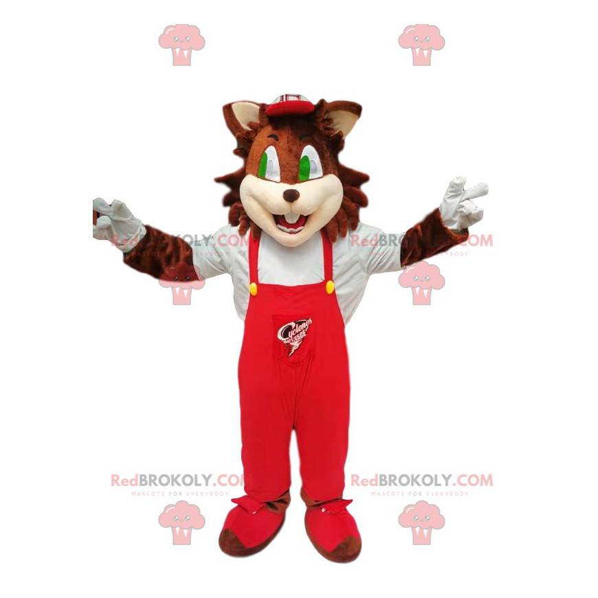 Mascote gato marrom com macacão vermelho - Redbrokoly.com