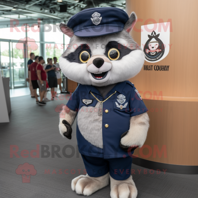 Navy Raccoon mascot costume character dressed with a V-Neck Tee and Caps