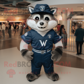 Navy Raccoon mascot costume character dressed with a V-Neck Tee and Caps