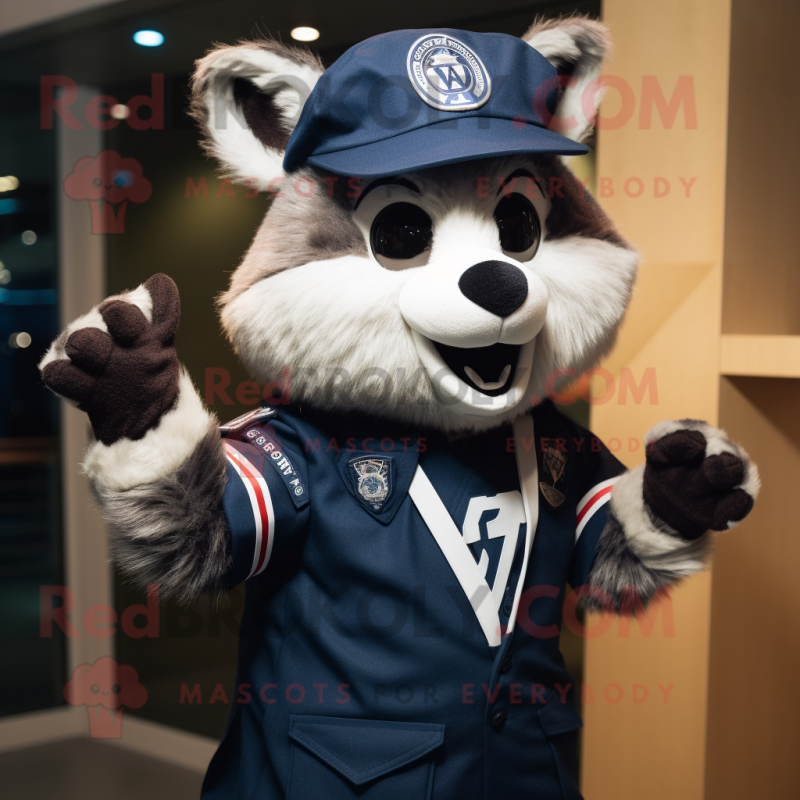 Navy Raccoon mascot costume character dressed with a V-Neck Tee and Caps Navy Raccoon mascot costume character dressed with a V-Neck Tee and Caps