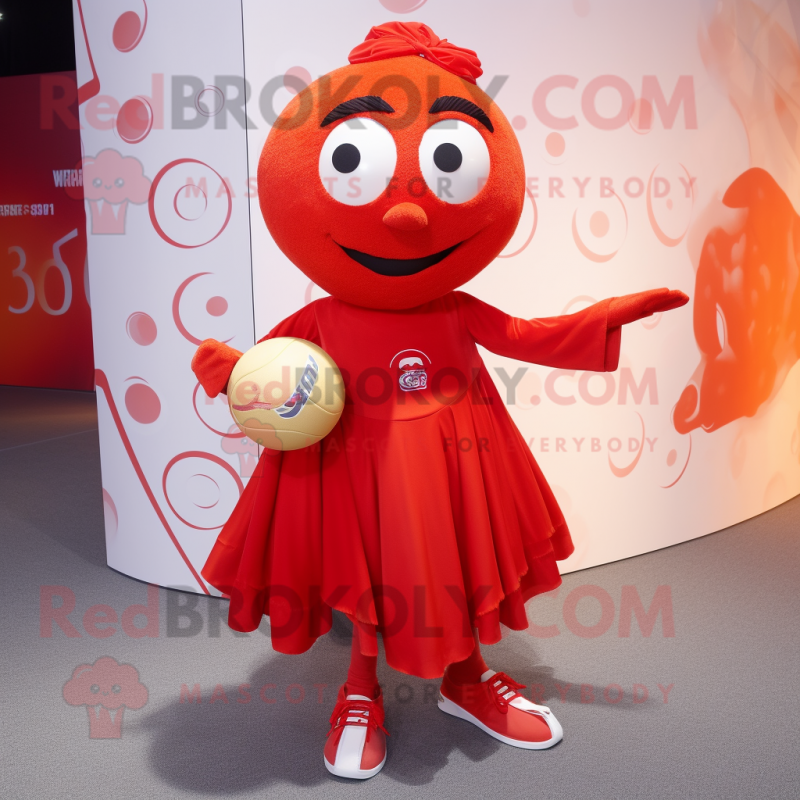 Red Handball Ball mascot costume character dressed with a Pencil Skirt and Shawl pins