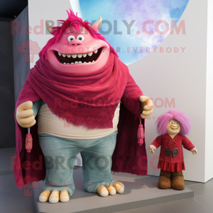 Magenta Ogre mascot costume character dressed with a Boyfriend Jeans and Shawls