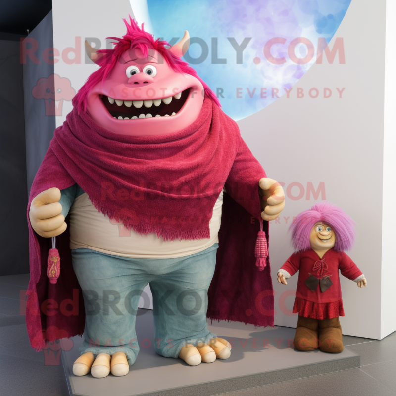 Magenta Ogre mascot costume character dressed with a Boyfriend Jeans and Shawls Magenta Ogre mascot costume character dressed with a Boyfriend Jeans and Shawls