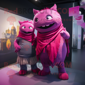 Magenta Ogre mascot costume character dressed with a Boyfriend Jeans and Shawls