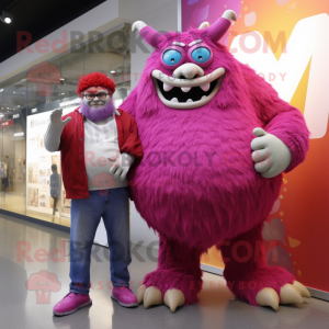 Magenta Ogre mascot costume character dressed with a Boyfriend Jeans and Shawls