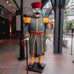 Gray Swiss Guard mascot costume character dressed with a Trousers and Tie pins