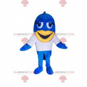 Blue fish mascot with a white jersey and yellow lips -