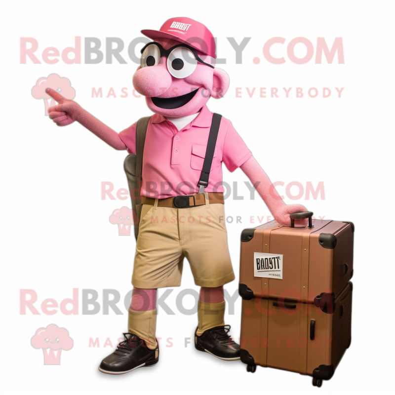 Pink Aglet mascot costume character dressed with a Cargo Shorts and Briefcases