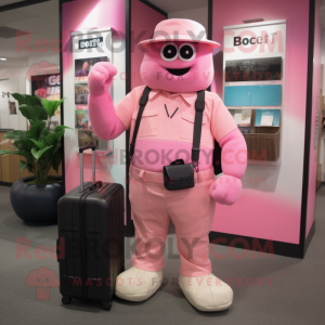 Pink Aglet mascot costume character dressed with a Cargo Shorts and Briefcases