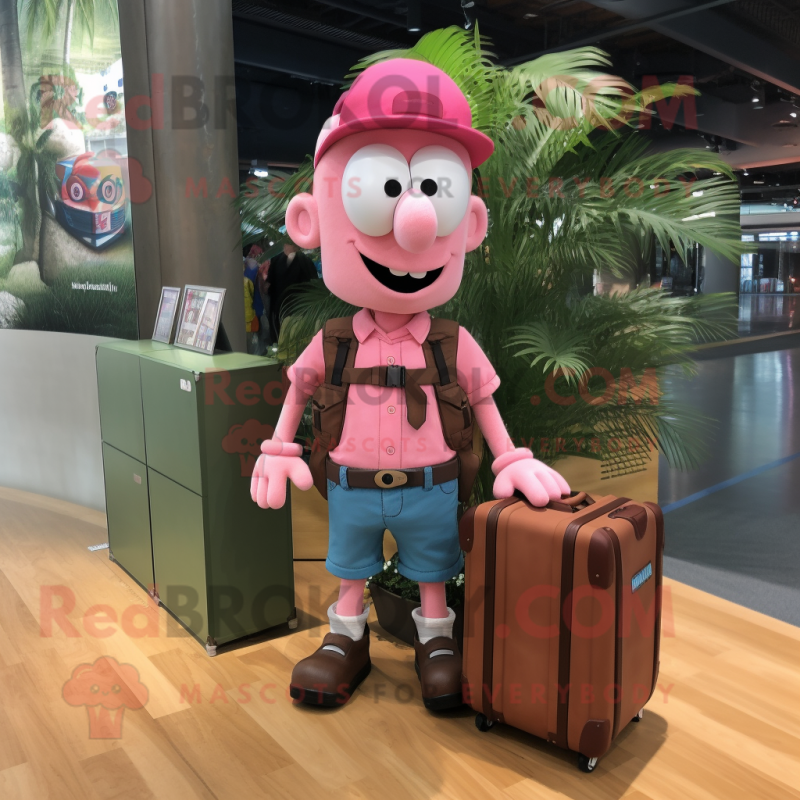 Pink Aglet mascot costume character dressed with a Cargo Shorts and Briefcases Pink Aglet mascot costume character dressed with a Cargo Shorts and Briefcases