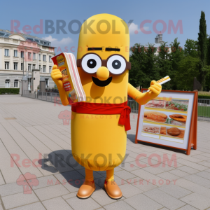 Gold Currywurst mascot costume character dressed with a Pencil Skirt and Reading glasses