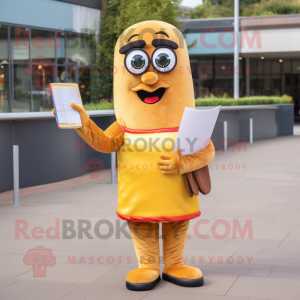 Gold Currywurst mascot costume character dressed with a Pencil Skirt and Reading glasses