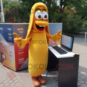 Gold Currywurst mascot costume character dressed with a Pencil Skirt and Reading glasses