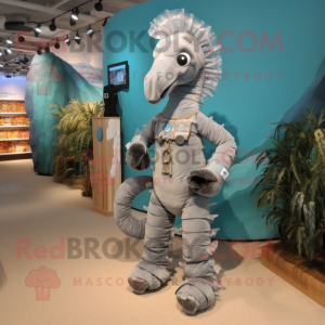 Silver Sea Horse mascot costume character dressed with a Corduroy Pants and Hair clips