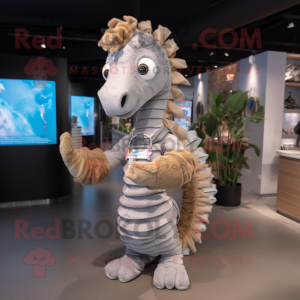 Silver Sea Horse mascot costume character dressed with a Corduroy Pants and Hair clips