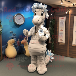 Silver Sea Horse mascot costume character dressed with a Corduroy Pants and Hair clips