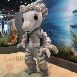 Silver Sea Horse mascot costume character dressed with a Corduroy Pants and Hair clips