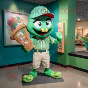 Green Lasagna mascot costume character dressed with a Baseball Tee and Bracelet watches