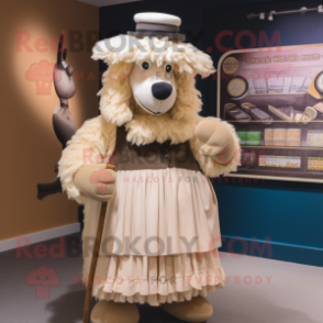 Beige Suffolk Sheep mascot costume character dressed with a Pleated Skirt and Hat pins