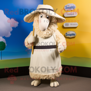 Beige Suffolk Sheep mascot costume character dressed with a Pleated Skirt and Hat pins