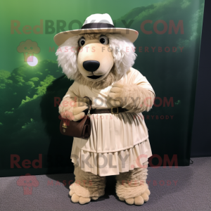Beige Suffolk Sheep mascot costume character dressed with a Pleated Skirt and Hat pins
