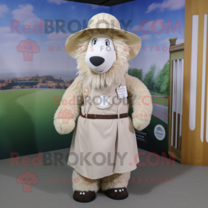 Beige Suffolk Sheep mascot costume character dressed with a Pleated Skirt and Hat pins