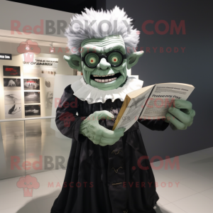 Silver Frankenstein'S Monster mascot costume character dressed with a Empire Waist Dress and Reading glasses