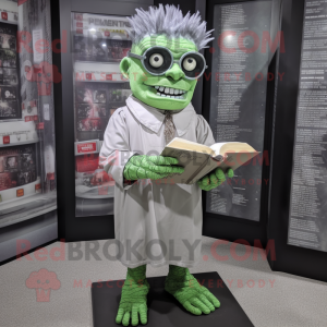 Silver Frankenstein'S Monster mascot costume character dressed with a Empire Waist Dress and Reading glasses