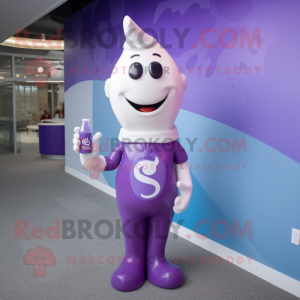 Purple Bottle Of Milk mascot costume character dressed with a Jumpsuit and Tie pins
