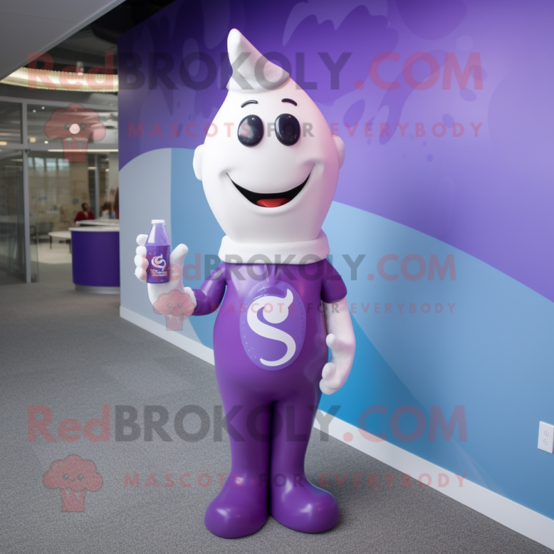 Purple Bottle Of Milk mascot costume character dressed with a Jumpsuit and Tie pins Purple Bottle Of Milk mascot costume character dressed with a Jumpsuit and Tie pins