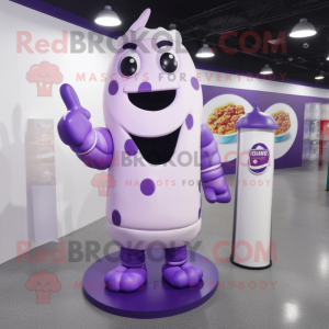 Purple Bottle Of Milk mascot costume character dressed with a Jumpsuit and Tie pins