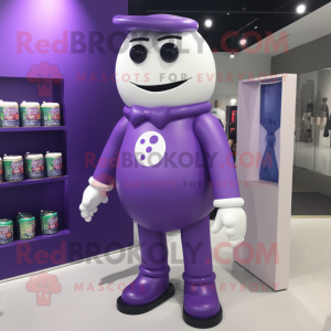 Purple Bottle Of Milk mascot costume character dressed with a Jumpsuit and Tie pins