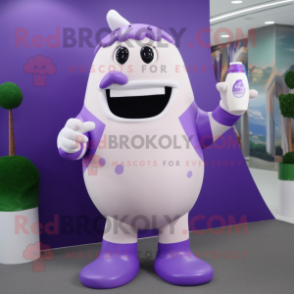 Purple Bottle Of Milk mascot costume character dressed with a Jumpsuit and Tie pins