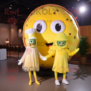 Lemon Yellow Pizza mascot costume character dressed with a Ball Gown and Berets