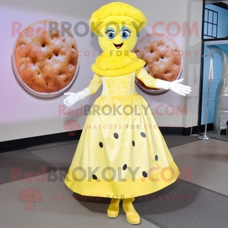 Lemon Yellow Pizza mascot costume character dressed with a Ball Gown and Berets