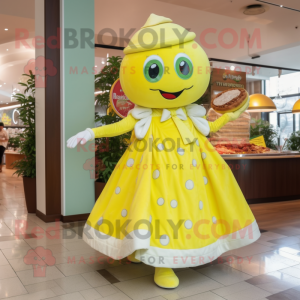 Lemon Yellow Pizza mascot costume character dressed with a Ball Gown and Berets