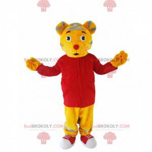 Mascote tigre amarelo com uma camisa vermelha - Redbrokoly.com